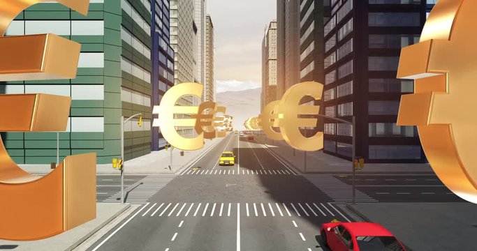 Euro Currency Sign In The City - Business Related Aerial 3D City Flight Animation