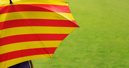 Catalonia flag umbrella. Close up of printed umbrella over green grass lawn / field. Rainy weather forecast concept.