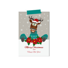 Happy Christmas greeting card in cartoon style with funny character for merry christmas and new year holiday illustrations.