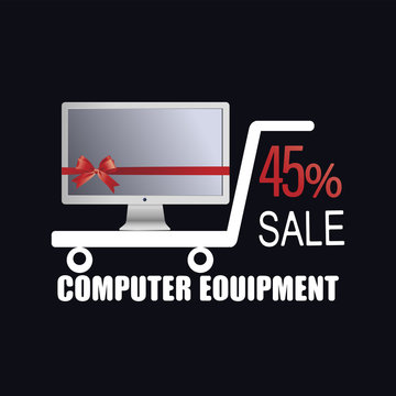 Monitor. COMPUTER EQUIPMENT. Sale. Offer of the transaction. The concept of notice of sale, e-commerce, delivery service. Modern design icons