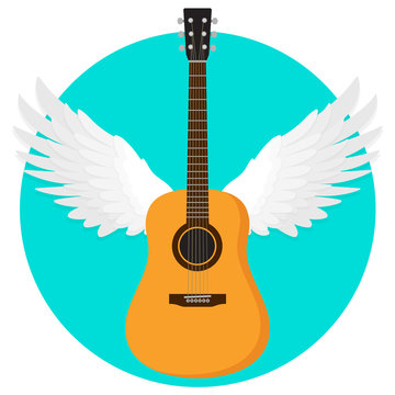 Akustik Gitarre mit Fl&uuml;geln fliegt Flat Design Vektor Grafik Illustration Icon
