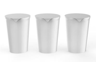 Round glossy plastic pot with foil cover for sour cream, yogurt, jam, dessert