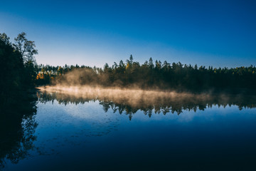 Fototapeta na wymiar Fog over lake sunrise 