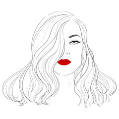 Fashion illustration. Makeup, cosmetics. Hand-drawn woman with curly luxurious hair. Girl with perfectly shaped eyebrows and full lashes. Perfect salon look. Beauty Salon concept. Great for Avatar