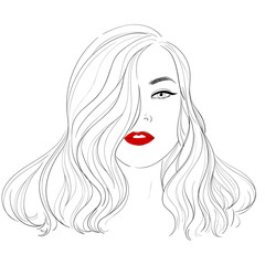 Fashion illustration. Makeup, cosmetics. Hand-drawn woman with curly luxurious hair. Girl with perfectly shaped eyebrows and full lashes. Perfect salon look. Beauty Salon concept. Great for Avatar