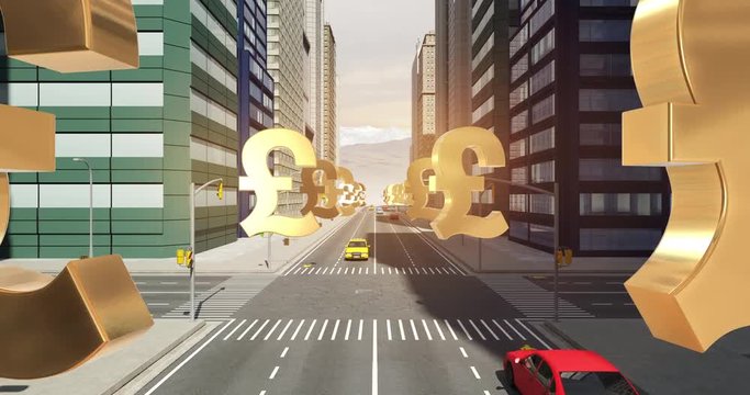 British Pound Sign In The City - Business Related Aerial 3D City Flight Animation