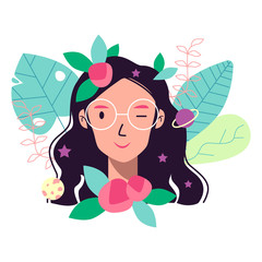 Girl flat character with plants. Vector illustration. Eps 10.