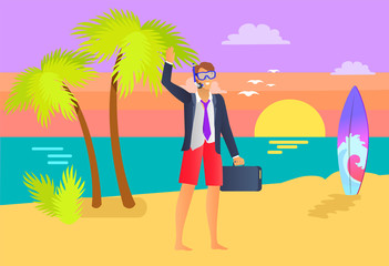 Man Wearing Suit with Briefcase at Seaside, Sunset