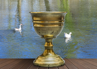 Old chalice on wooden table 
in a lake with ducks