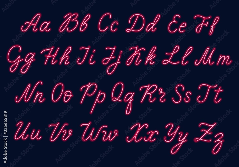 Poster red neon script. uppercase and lowercase letters.