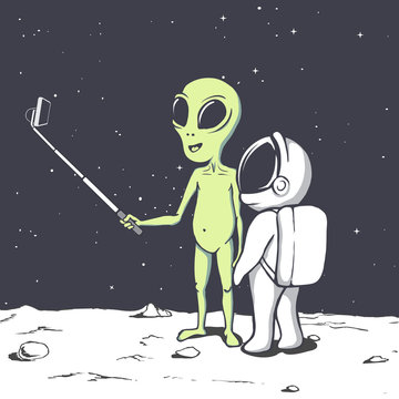 alien photographs himself and astronaut.Space friends.Vector illustration