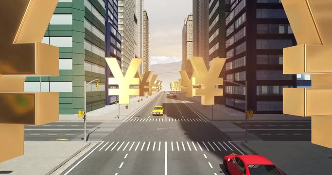 Japanese Yen Sign In The City - Business Related Aerial 3D City Flight Animation
