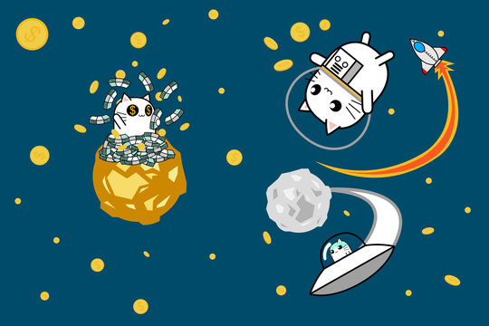 Cute cat astronaut with spacecraft cartoon character design discovery and explore money in space, chance for start business concept background.