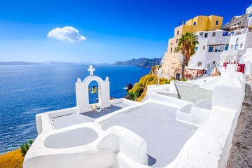 Oia, Santorini, Greece - Blue church and caldera - obrazy, fototapety, plakaty