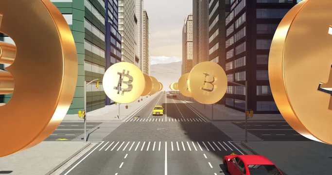 Bitcoin Sign In The City - Digital Currency Related Aerial 3D City Flight Animation
