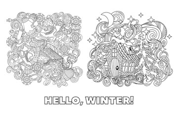 Cartoon cute doodles hand drawn Winter season frame design. Coloring page detailed, vector