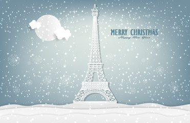 Fototapeta na wymiar illustration of nature landscape and concept, winter season with Christmas and Eiffel tower and the moon. Vector illustration. design by paper art and digital craft style