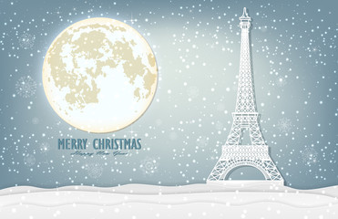 illustration of nature landscape and concept, winter season with Christmas and Eiffel tower and the moon. Vector illustration. design by paper art and digital craft style