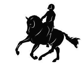Equestrian, dressage. A vector silhouette of a rider on a horse execute the canter.