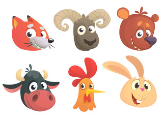 Set of cartoon forest animals head icons. Vector collection of forest wild animals characters. Fox, sheep, bear, cow, rooster or chicken, rabbit.  