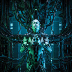 The quantum zen king / 3D illustration of male android hardwired to computer core