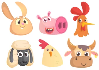 Fotobehang Set of cartoon farm animals head icons. Vector collection of farm domestic  animals. Rabbit, pig, rooster, sheep, chicken, cow.  Design elements isolated. © drawkman