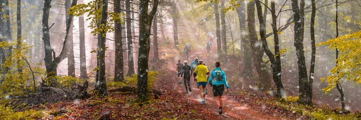 Photo sur Aluminium Jogging Faire du jogging avec les premières chutes de neige en automne, panorama forestier atmosphérique
