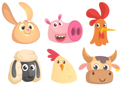 Set of cartoon farm animals head icons. Vector collection of farm domestic  animals. Rabbit, pig, rooster, sheep, chicken, cow.  Design elements isolated.