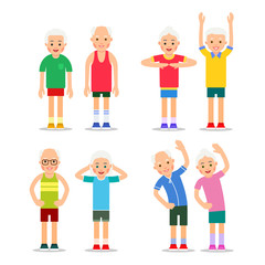 Active seniors. Old men and women in different gym poses. Happy active older couple. Healthy lifestyle for elderly. Illustration of characters isolated on white background in flat style