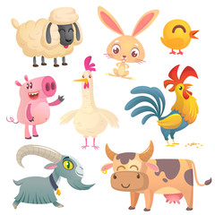 Collection of cartoon farm animals. Vector set of animal icons isolated on white. Vector illustration of sheep, bunny rabbit, cute chicken, pig, hen, rooster, goat and cow