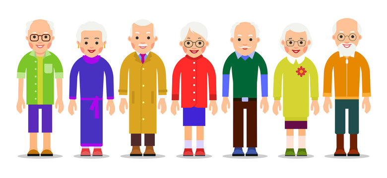 Group older people. Adults person stand next to each other. Elderly men and women. Aged citizens caucasian. Illustration of people characters isolated on white background in flat style