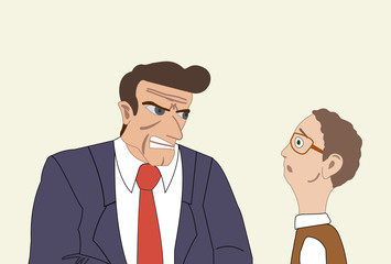 Angry businessman attacking his colleague. Mobbing, bullying at workplace Vector illustration.