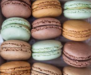 French macaroons close-up. Background. Sweets. Celebration. Gift.