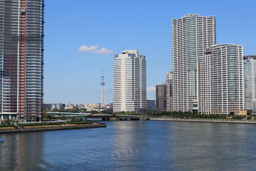 Fototapeta na wymiar High-rise Tower Mansions Buildings and Waterway, At Toyosu, Tokyo