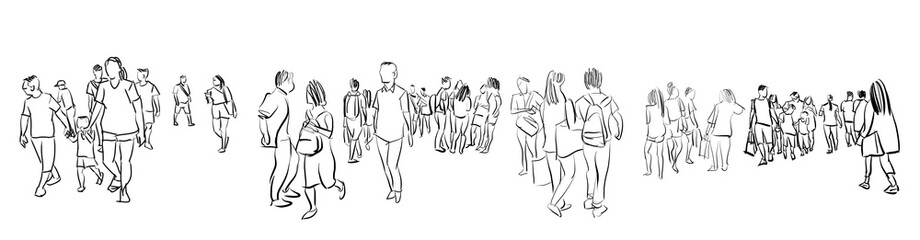 crowd group of people walking freehand ink sketch panorama view isolated on white background