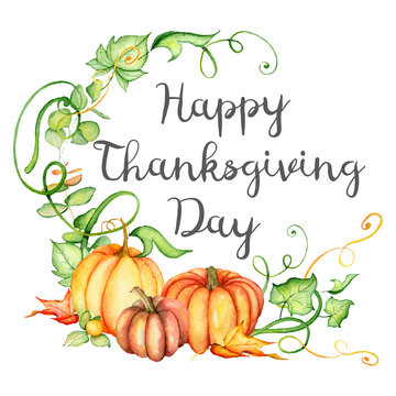 Watercolor pumpkin and autumn leaves card. Harvest composition. Happy Thanksgiving day. Hand drawn vector illustration