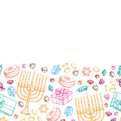 Jewish holiday Hanukkah greeting card. Seamless border of traditional Chanukah symbols isolated on white - dreidels, sweets, donuts, menorah candles, star David glowing lights. Doodle Vector template
