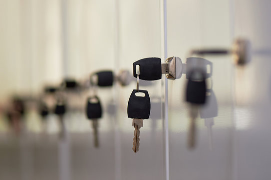 The key in the locker. There are a lot of lockers, a locker room in a fitness club, a medical center, an office, a post office or a Bank.