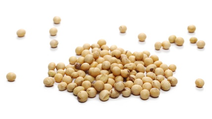 Organic raw soy, soybeans isolated on white background