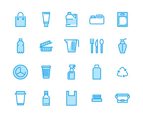 Plastic packaging, disposable tableware line icons. Product packs, container, bottle, canister, plates cutlery. Container thin signs, waste recycling. Pixel perfect 48x48