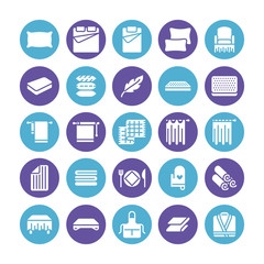 Bedding flat glyph icons. Orthopedics mattresses, bedroom linen, pillows, sheets set, blanket and duvet illustrations. Signs for interior store. Solid silhouette pixel perfect 64x64.