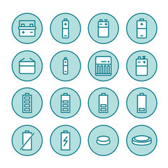 Battery flat line icons. Batteries varieties illustrations - aa, alkaline, lithium, car accumulator, charger, full charge. Thin signs for electrical store.