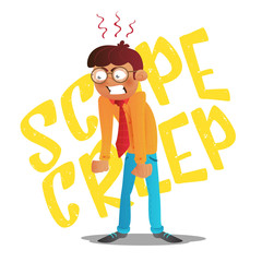 Scope creep inscription. Funny conceptual business vector cartoon illustration with screaming angry young man with glasses clenched his fists and dropped his hands down isolated on white background - obrazy, fototapety, plakaty