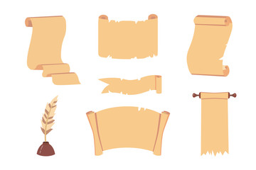 Old Paper scroll vector set. Retro document script with copyspace. Vintage blank and letter illustrations.