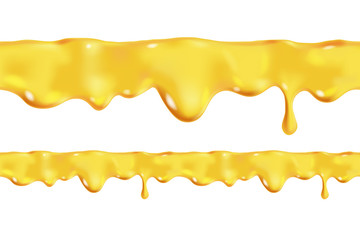 Seamless dripping oil. Yellow transparent drop of sweet honey. Vector design of syrup drips. Realistic background horizontal border