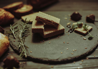 Crispy waffles. On the kitchen countertop