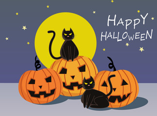 Halloween Pumpkin with black cat cartoon character design for card banner background.