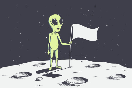 alien with flag stands on moon.Hand drawn vector illustration