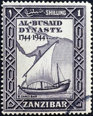 Old stamp of Zanzibar with traditional dhow