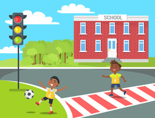 Banner of Kids Near School in Cartoon Style Vector